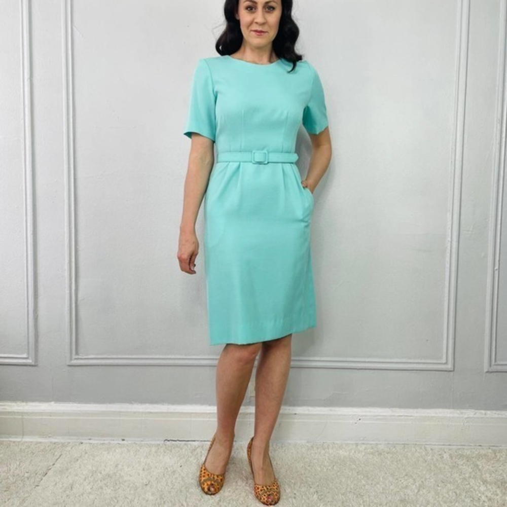 Vintage‎ 80s Teal Blue Belted Dress